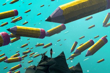 İnsan silueti ve kalemlerle soyut bir arkaplan