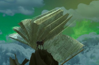 İnsan silueti ve kitaplarla soyut bir arkaplan