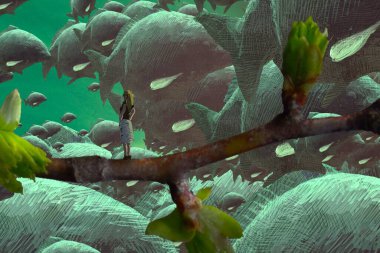 İnsan silueti ve hayvanlarla soyut arkaplan