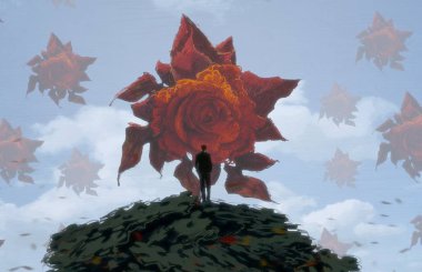 İnsan silueti ve güllerle soyut bir arkaplan