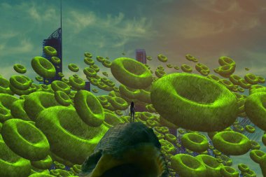 İnsan silüetiyle soyut arkaplan ve delikli disk şekli