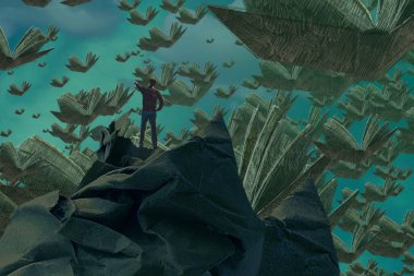 İnsan silueti ve kitaplarla soyut bir arkaplan 