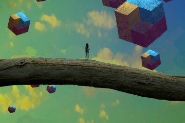 İnsan silueti ve soyut biçimlerle soyut arkaplan 