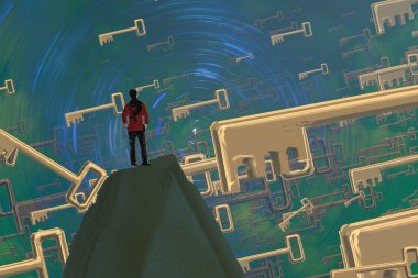 İnsan silueti ve anahtarlarıyla soyut arkaplan  