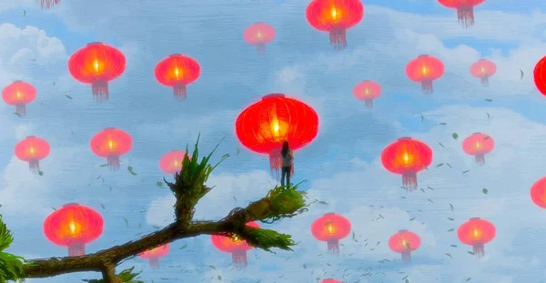 人間のシルエットと中国の提灯の抽象的な背景 — ストック写真