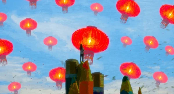 Nsan Silueti Çin Fenerleriyle Soyut Bir Arkaplan — Stok fotoğraf