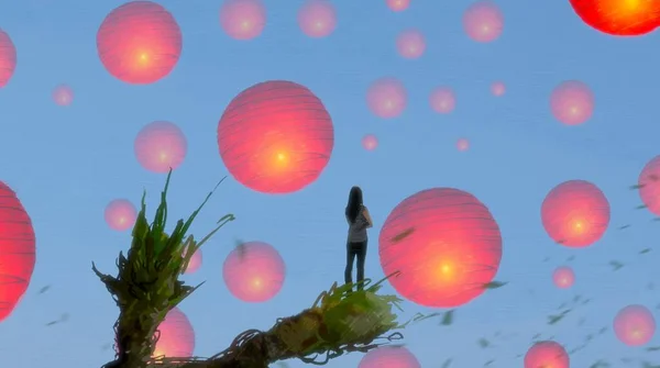 Abstract Background Human Silhouette Chinese Lanterns — Stock Photo, Image