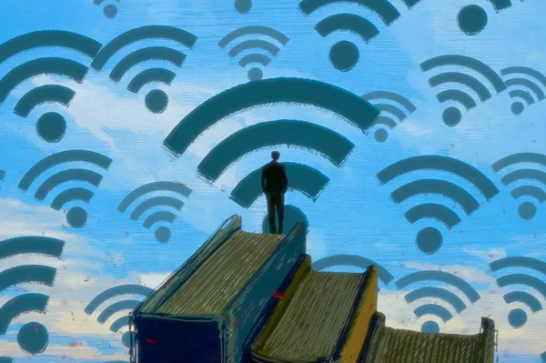 Fondo Abstracto Con Silueta Humana Señales Wifi — Foto de Stock