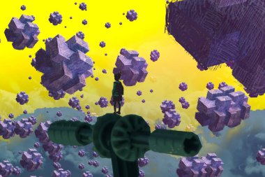 İnsan silueti ve soyut biçimlerle soyut arkaplan 