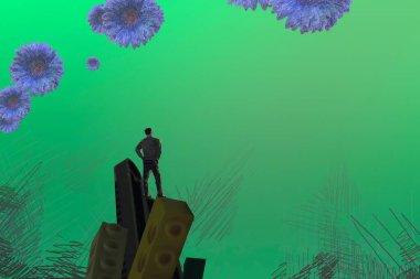 İnsan silueti ve çiçeklerle soyut bir arkaplan 