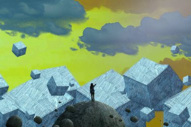 İnsan silueti ve küpleriyle soyut arkaplan