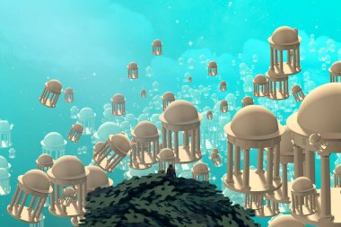 İnsan silueti ve ağaçlarıyla soyut arkaplan