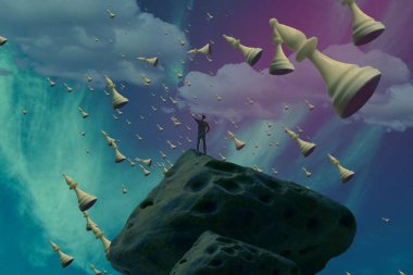 İnsan silueti ve satranç taşlarıyla soyut bir arkaplan