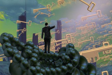 İnsan silueti ve anahtarlarıyla soyut arkaplan  