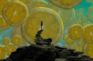 İnsan silueti ve portakallı soyut arkaplan