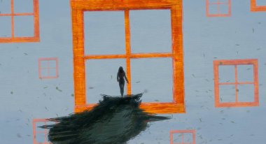 İnsan silueti ve pencereli soyut arkaplan