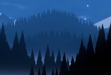 Modern dijital soyut arkaplan. Kış dağlarında gece gökyüzü. Fantastik arkaplan