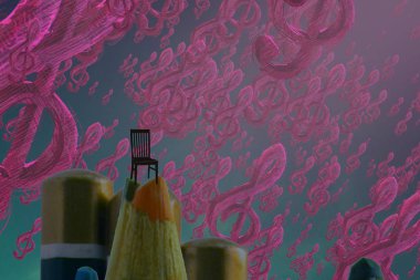 İnsan silüeti ve üç katlı anahtarlarla soyut arkaplan