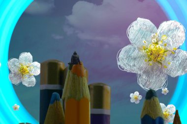 İnsan silueti ve çiçeklerle soyut bir arkaplan