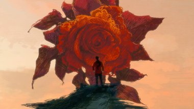 İnsan silueti ve güllerle soyut bir arkaplan 