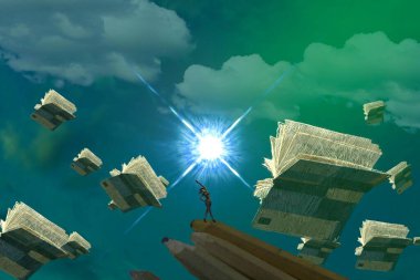 İnsan silueti ve kitaplarla soyut bir arkaplan