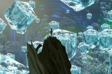 İnsan silueti ve buz küpleriyle soyut arkaplan