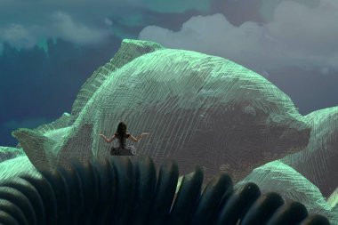 İnsan silueti ve hayvanlarla soyut arkaplan