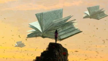 İnsan silueti ve kitaplarla soyut bir arkaplan   