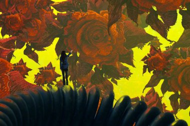 İnsan silueti ve güllerle soyut bir arkaplan