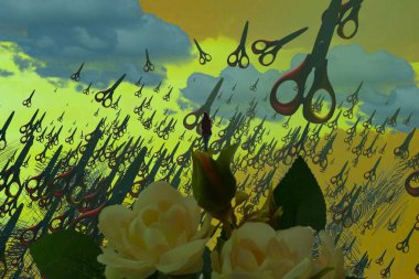 İnsan silüeti ve makasıyla soyut arkaplan