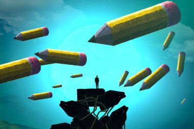 İnsan silueti ve kalemlerle soyut bir arkaplan