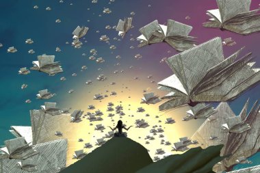 İnsan silueti ve kitaplarla soyut bir arkaplan