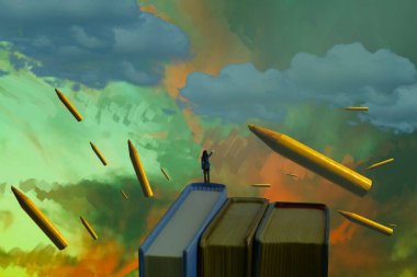 İnsan silueti ve kalemlerle soyut bir arkaplan 