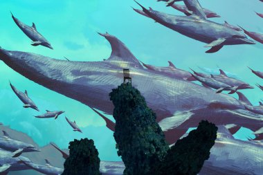 İnsan silueti ve hayvanlarla soyut arkaplan