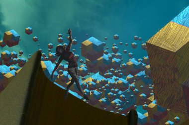 İnsan silueti ve soyut biçimlerle soyut arkaplan 