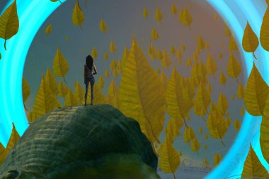 İnsan silueti ve yapraklarıyla soyut bir arkaplan 