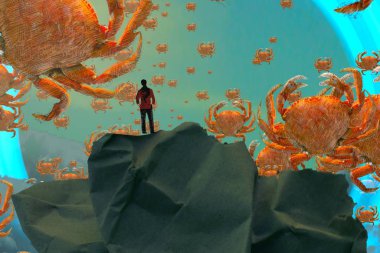 İnsan silueti ve yengeçlerle soyut arkaplan