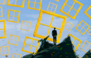 İnsan silueti ve pencereli soyut arkaplan