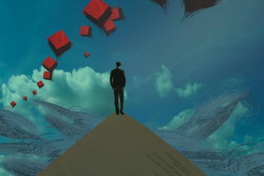 İnsan silueti ve kırmızı küplerle soyut arkaplan