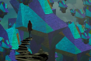 İnsan silueti ve soyut biçimlerle soyut arkaplan 