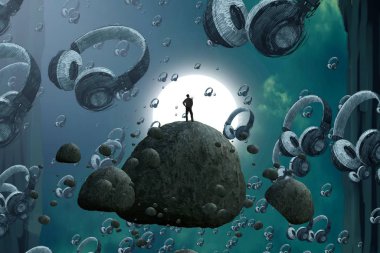 İnsan silueti ve kulaklığı olan soyut bir arkaplan