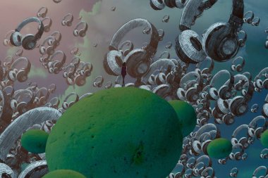 İnsan silueti ve kulaklığı olan soyut bir arkaplan