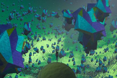 İnsan silueti ve soyut biçimlerle soyut arkaplan 