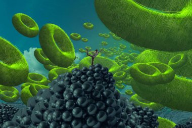 İnsan silüetiyle soyut arkaplan ve delikli disk şekli