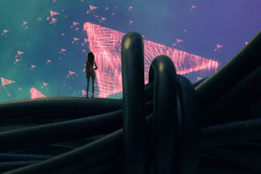 İnsan silueti ve geometrik biçimlere sahip soyut arkaplan