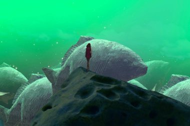 İnsan silueti ve hayvanlarla soyut arkaplan