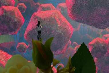 İnsan silueti ve soyut biçimlerle soyut arkaplan  