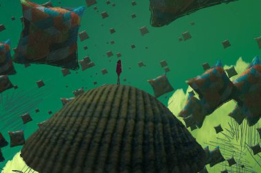 İnsan silueti ve yastıklarla soyut bir arkaplan