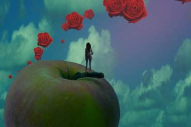 İnsan silueti ve güllerle soyut bir arkaplan