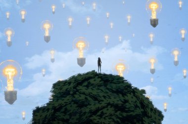 İnsan silueti ve ampullerle soyut arkaplan